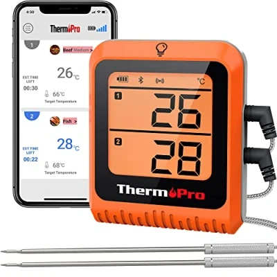 Imagen de ThermoPro TP25H2 termómetro inalámbrico Bluetooth para carne de barbacoa 150 m, recargable con aplicación inteligente, sondas alimentos doble temperatura cocinar