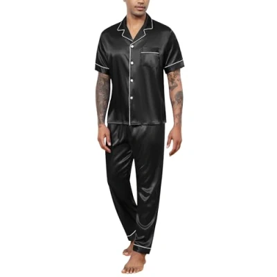 Imagen de Reliwel Conjunto de Pijama Satén para Hombre Corto con Botones Invierno Manga Corta y Pantalones Largos Otoño Seda Ropa Descanso Conjuntos 2 Piezas S XXL