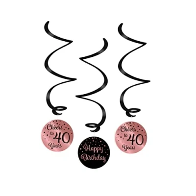Imagen de PD Party Espirales de techo Happy Birthday para cumpleaños Decoración Feliz Rosa negro 40 mujer y hombre 3 piezas ⌀ 14 cm Longitud 70