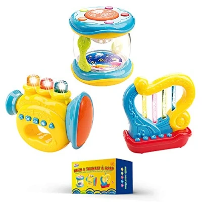 Imagen de Instrumentos Musicales para bebés. Conjunto de 3 Trompeta, Tambor, Arpa Musical. Juguetes con Pilas Incluidas.
