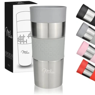 Imagen de Milu Termo Taza 350ml Vaso Termico de Viaje Café para Llevar Acero Inoxidable Beber con Aislamiento Doble Pared (Gris, 350ml)
