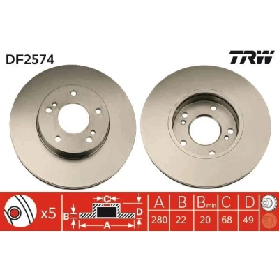 Imagen de TRW DF2574 Disco de freno 280 22 5 114,3 ventilado barnizado