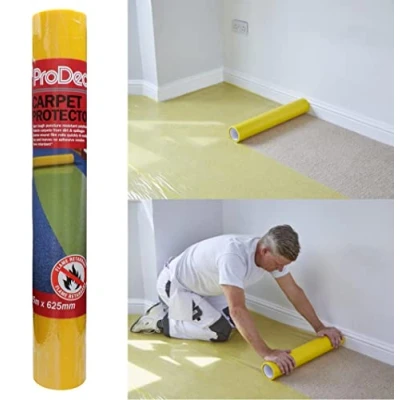 Imagen de ProDec Rollo protector de alfombra 25 m, plástico autoadhesivo, totalmente impermeable, escalera resistente para alfombras, piso