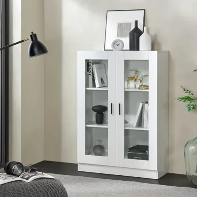 Imagen de [en.casa] Vitrina con 3 Compartimentos Aparador 2 Puertas Manjijas Mueble Auxiliar para Salón Comedor Oficina Cristal Aglomerado 115 x 80 31 cm Blanco