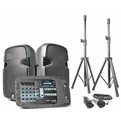 Imagen de Vonyx PSS302 Sistema PA Set Completo Altavoces con Mezclador, de Sonido, 300 W, Micrófono y Trípodes, Bluetooth, USB, SD, Mando a Distancia, DJ, Cantante, Conferencias
