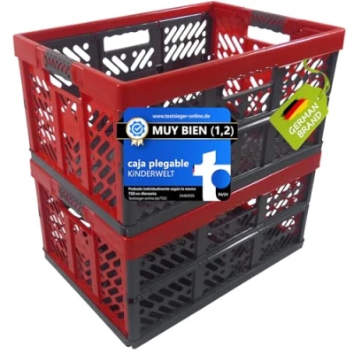 Imagen de KiNDERWELT Juego de 2 robustas cajas plegables profesionales 45 l a 50 kg caja almacenamiento, cesta transporte, antracita/rojo