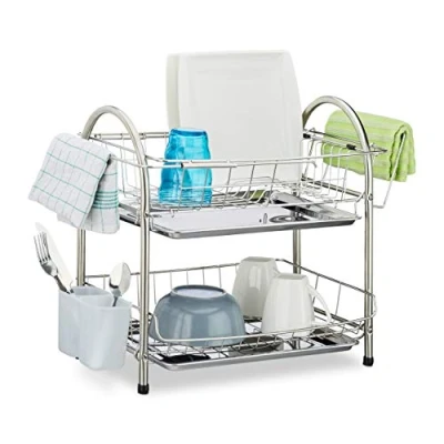 Imagen de Relaxdays Escurreplatos de 2 Pisos con Escurridor Cubiertos y Bandejas, Acero Inoxidable, 39,5 x 60 28 cm, Plateado