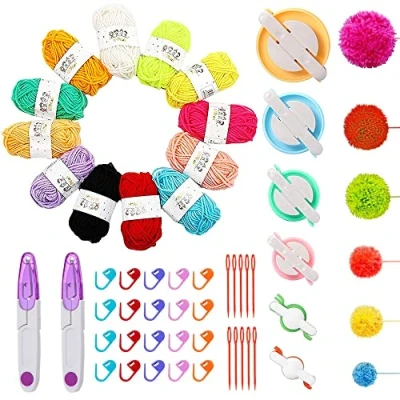 Imagen de Allazone 57 Pz Pompon Hacedor, Pom Maker Kit de Telar Pompones Fluff Ball Weaver Needle Craft, Lana Hecha a Mano con Tijeras para Tejer Bolas Pelusa