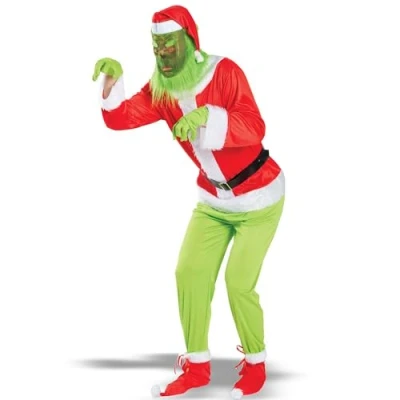 Imagen de Conjunto de Disfraz navideño. monstruo verde Gorro con máscara, ropa, pantalones, guantes, cinturón y cubrezapatos. Juego 6. (S/M)