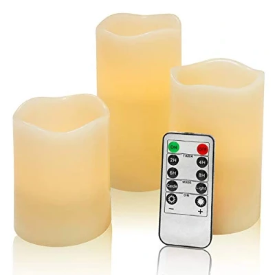Imagen de OSHINE Velas LED parpadeantes sin llama: juego de 3 unidades,color marfil, 3,15&quot; x 4&quot;5&quot; 6&quot;, llama sintética con control remoto y función temporizador, vela parpadeante para festivales, decoración