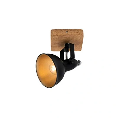 Imagen de Briloner Leuchten 2901 015 lámpara retro, vintage, foco giratorio, 1x E14, metal madera, negro dorado, 110x110x157mm (largo x ancho distancia a pared)