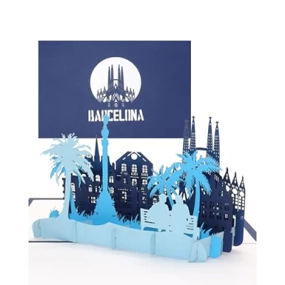 Imagen de Tarjeta desplegable &quot;Barcelona Panorama con Sagrada Familia&quot; de felicitación 3D, recuerdo, invitación, regalo y vale viaje para vacaciones en España urbano