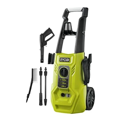 Imagen de RYOBI Hidrolimpiadora de Alta Presión 1600W, 130 Bares, 420l/h Manguera 5m, Carrete, 2 Lanzas (1 Vario, 1 Turbo) y Cepillo Multisuperficie, Depósito Detergente 0,9l RY130PWA