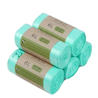 Imagen de ZURAS® Bolsas de basura orgánica 6 litros 200 unidades, compostables, biodegradables, con base vegetal, certificadas y probadas según DIN EN 13432, resistentes al desgarro e impermeables