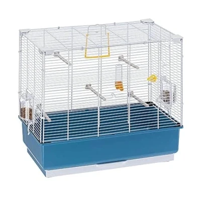 Imagen de Ferplast Rekord 4 Bird Cage White Bars with Accessories Jaula, Acero aleado, weiß mit Blauer Unterschale, 1 Unidad (Paquete de 1)