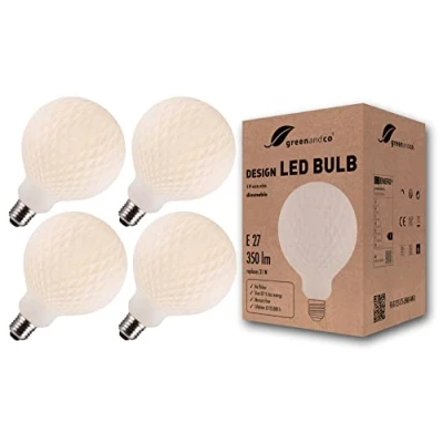 Imagen de greenandco 4x bombilla LED regulable estilo vintage ópalo con rombos E27 G125 4W 350lm CRI90+ 3000K (blanco cálido) 360 230V, sin parpadeo