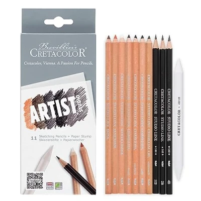 Imagen de CRETACOLOR Artist Studio juego de lápices dibujo 11 piezas, incl. goma papel, no tóxicos, equipo básico para todo artista, ideal principiantes