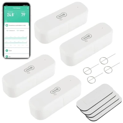 Imagen de EPLZON Termómetro higrómetro inteligente WiFi, sensor de temperatura humedad para interiores exteriores con alarma notificación aplicación remota Compatible Alexa y Google Home(4 Piezas)