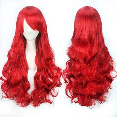 Imagen de Colorful panda 32 pulgadas 80cm de Rojo largo pelucas onduladas rizadas cosplay para mujeres y niñas, peluca natural sintética resistente al calor disfraz fiesta Halloween