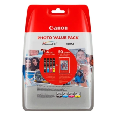 Imagen de Canon CLI 551XL, Cartucho de Tinta Original, Multipack, 4 Cartuchos Independientes, Color Negro, Magenta, Cian, Amarillo, Incluye 50 Hojas Papel Fotográfico x 6