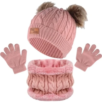 Imagen de volumoon Conjunto de Bufanda y Gorro Guantes Bebe,Gorro Punto Térmicos con Forro Polar, Invierno Cálidos Beanie Sombreros Pompon para Niños Niñas (Rosa)