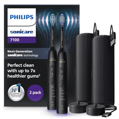 Imagen de Philips Sonicare 7100 cepillo dental eléctrico, sónico con 4 modos de cepillado y 3 niveles intensidad, alerta presión, EasyStart, SmarTimer, negro, paquete 2, modelo HX7429/03