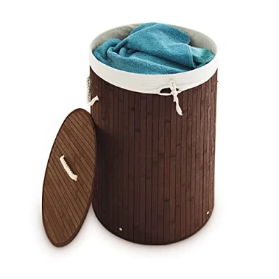 Imagen de Relaxdays Cesto Ropa Sucia con Tapa, Redondo, Cubo Colada, Canasta Plegable, Bambú, 70 L, Ø 41 cm, Marrón, Algodón