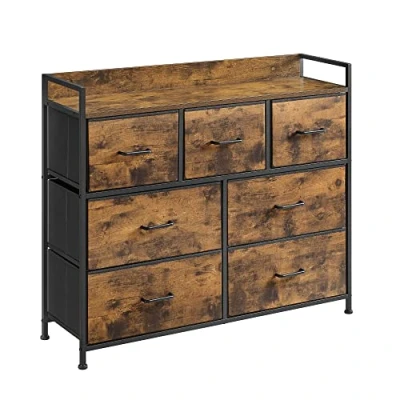 Imagen de SONGMICS Cómoda, Cajonera, con 7 Cajones de Tela, Tiradores, Marco Metal, Estilo Moderno, Marrón Rústico y Negro Tinta LTS137B01