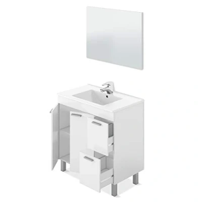 Imagen de ARKITMOBEL Mueble de Baño con 2 Puertas Cajones y Espejo, Modulo Baño, Modelo Aktiva, Acabado en Blanco Brillo, Medidas: 80 cm (Ancho) x (Alto) 45 (Fondo)