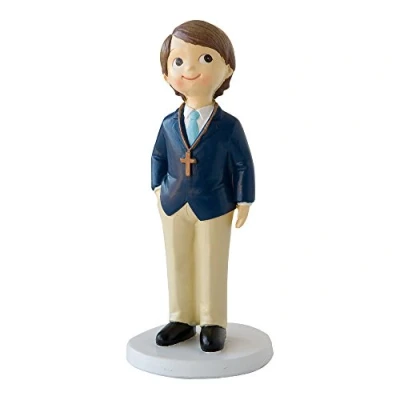 Imagen de Mopec Figura de pastel para Comunión niño con rosario y americana azul, pack 1 unidades, Poliresina, 7.80x7.80x16.00 cm