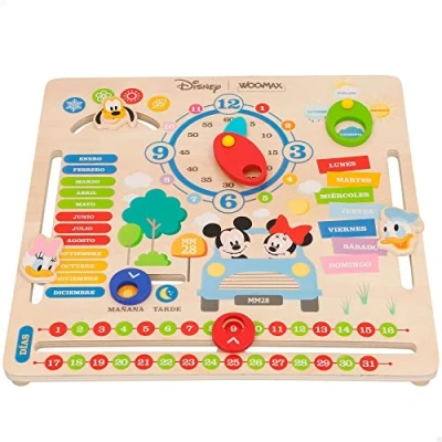 Imagen de WOOMAX 48729 Calendario de madera Disney, Mickey y Minnie, Calendarios educativos, Aprender las horas los días la semana, Juego interactivo, A partir 5 años, Juguetes regalos para niños
