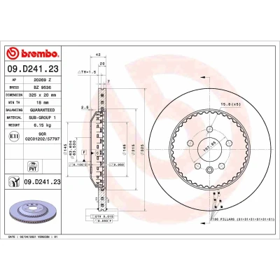 Imagen de BREMBO 09.D241.23 disco de freno 325 20 5 ventilación interna, dos piezas revestido LAND ROVER: Discovery Sport, Range Rover Evoque