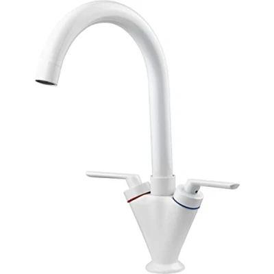 Imagen de Xcel Home™ Grifo de fregadero cocina blanco con cuello cisne mangueras, accesorios estándar, palancas doblesdobles latón macizo montado en la cubierta, mezclador boquilla giratoria