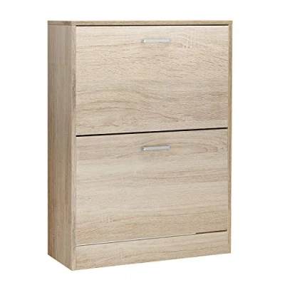 Imagen de VASAGLE Gabinete de Zapatos con 2 Puertas Abatibles, Divisor Ajustable y Desmontable, para 12 Pares Mujer 8 Hombre, 60 x 24 83,5 cm (Largo Ancho Alto), Color Roble