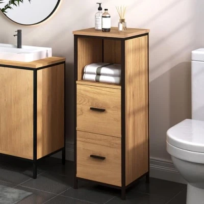 Imagen de EUGAD Armario de Baño con 2 Cajones y 1 Estante, Cajonera Baño, Mueble Auxiliar, Colocación Libre, Esquinero para Cocina 30x30x80 cm, Negro+Roble Claro