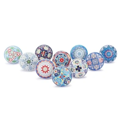 Imagen de Ajuny Juego de 10 Pomos Cerámica Color Azul con Estampado Múltiple para Puertas Armarios Cajones y Muebles Cocina Baños Aparadores Decorativos Hechos a mano