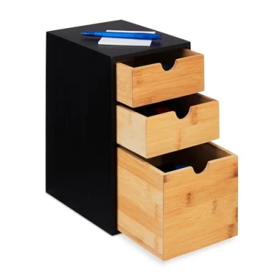 Imagen de Relaxdays Schubladenbox mit 3 Fächern Cajonera, Cajones, Bambú y MDF, 28 x 17 21,5 cm, Organizador para Oficina Despacho, Natural/Negro
