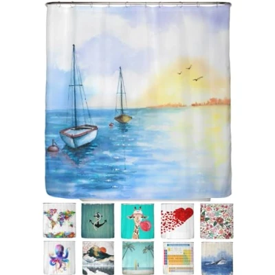 Imagen de arteneur® Cortina de ducha antimoho, 180 x 200 cm, con certificación Öko Tex Standard 100, dobladillo peso, opaca, impermeable, lavable, 12 anillas y libro electrónico, diseño velero