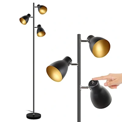 Imagen de Osasy Lámpara de pie con 3 luces giratorias ajustables, control independiente, metal, color negro y dorado, E14, 168 cm, para salón, dormitorio, oficina, hogar