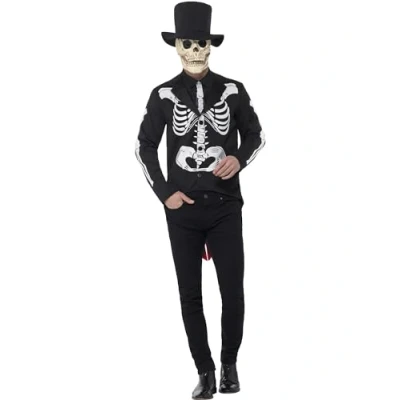 Imagen de Smiffys Disfraz de esqueleto novio del día muertos, Negro, con chaqueta, camisa falsa, corbata, sombrero y máscara látex