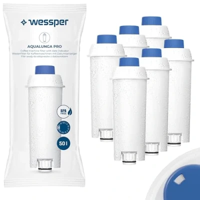 Imagen de Wessper cartuchos de filtro agua para cafeteras automáticas, repuesto DeLonghi DLSC002, SER3017, ECAM, ESAM, ETAM, SECAM, Series S, Pack 6