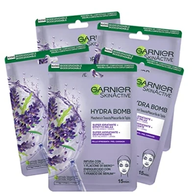 Imagen de Garnier Skin Active Hydra Bomb Mascarilla de tela muy hidratante y relajante con ácido hialurónico lavanda para piel dañada, 5 unidades