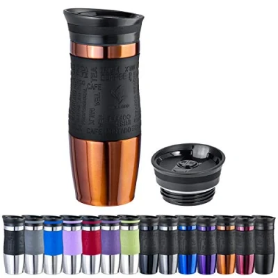 Imagen de WELLGRO Vaso térmico de 400 ml + 1 tapa extra Acero inoxidable Mango silicona suave al tacto libre BPA doble pared Travel Mug Taza café para llevar Color: Rosa