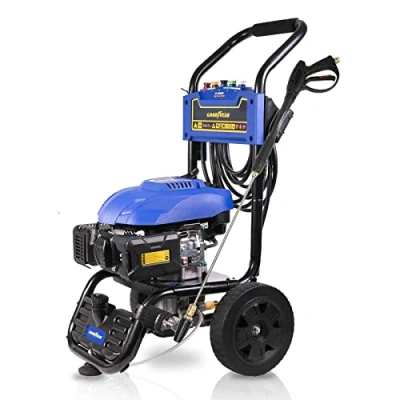 Imagen de Goodyear hidrolimpiadora de Gasolina 4100W 570l/h 206 Bares. Incluye Botella detergente. Lanza Turbo. Enrollador Manguera Azul