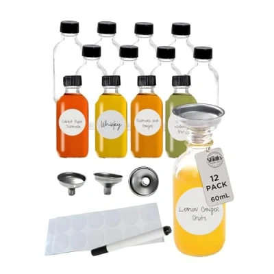 Imagen de Smith&#039;s Mason Jars 12 paquetes de botellas vidrio 60 ml con embudo vertido, ideal para aceites esenciales, miniaturas, decoraciones boda o regalos.