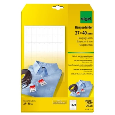 Imagen de SIGEL LP715 Etiquetas colgantes de precio/identificación género, 27x40 mm (A4), 200 g, 1470 unds.=30 hojas