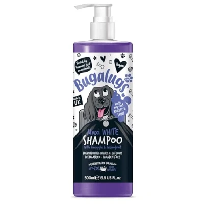 Imagen de BUGALUGS champú para Perros Mejorador de Pelaje blanqueador y abrillantador Pelaje, el Mejor acondicionador Vegano con piña maracuyá (500 ml)