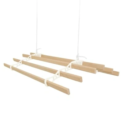 Imagen de Tendedero de Techo con Sistema Poleas en Marfil 6 Listones Madera 1.5m Capacidad Peso 30 kg Kit Fijación INCLUÍDO Colgante Secadora Estructura p/Colgar Secar Ropa Colgador