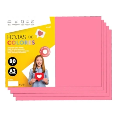 Imagen de Folios De Colores A3 80g Para Impresoras y Manualidades, Papel Surtido Niños, Paquete Tarjetas, Escuela Proyectos Creativos · m office (250h, Rosa)