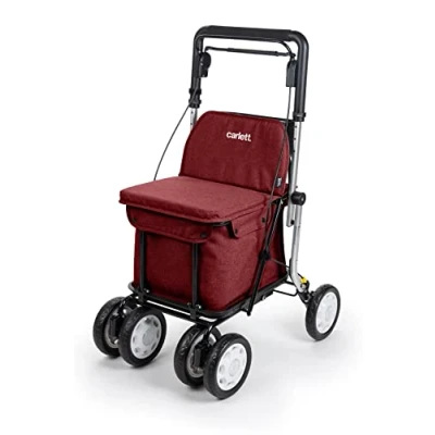 Imagen de Carlett Carro de la Compra y Andador con Asiento para Ancianos Producto Médico Clase I Homologado, Carrito 4 Ruedas Plegable, Bolsa Extraíble 36L/15kg Modelo Assist, Color Rojo